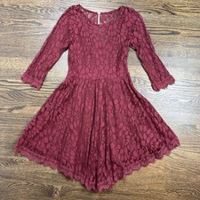 Free People Dress Womens 4 Red Lace Fit & Flare Asymmetrical Hem 3/4 Sleeve