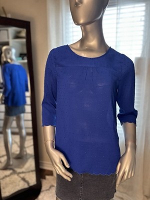 Anthropologie Maeve Emmeline Swiss Dot Blouse Blue Scalloped Hem Size 8/Medium