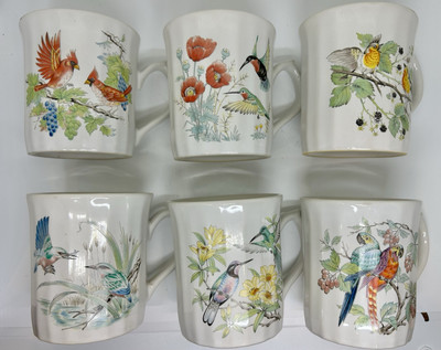 Set Of 6 Vintage Stoneware Bird Mugs, Made In Japan, Heron Hummingbird Parrot