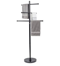 Black Metal Freestanding Bathroom Towel Rack Weighted Base Staggered Design