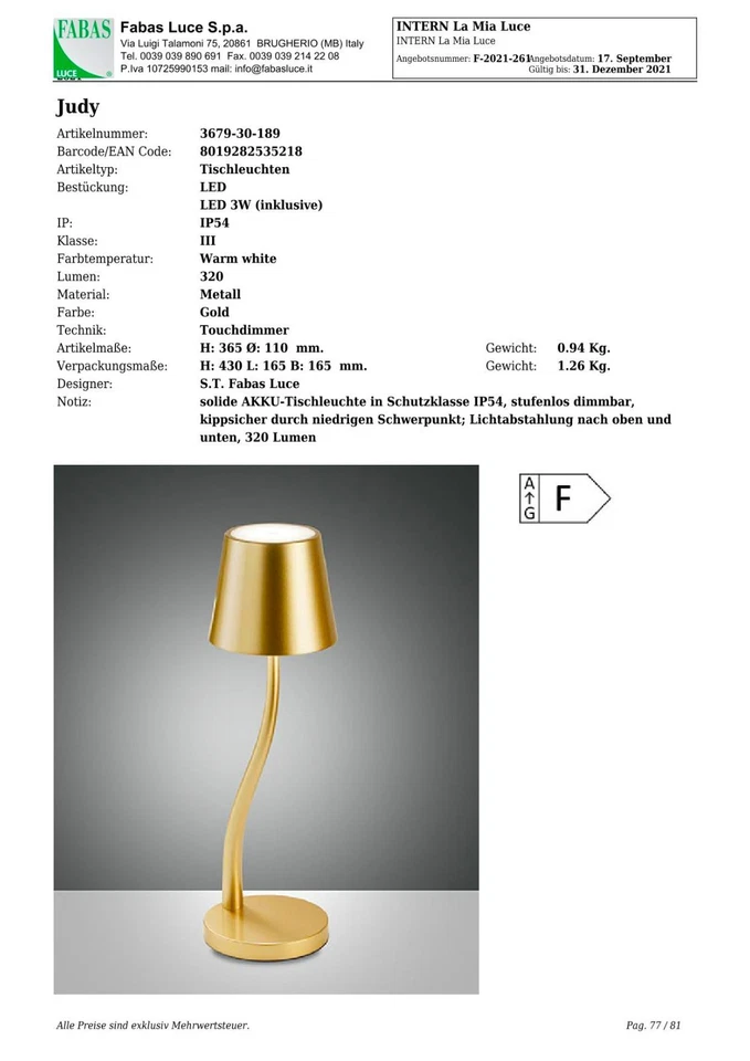 La Mia Luce Lampada Da Tavolo LED Judy 3679-30-189 Oro Dimmerabile IP54 - Immagine 2 di 4