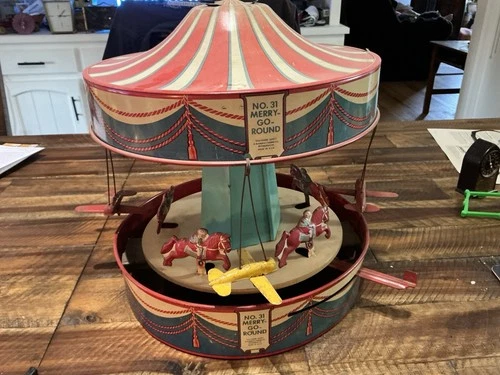 Vintage Tin Wolverine No. 31 Merry Go Round Tin Horse Racers, Airplanes Toy