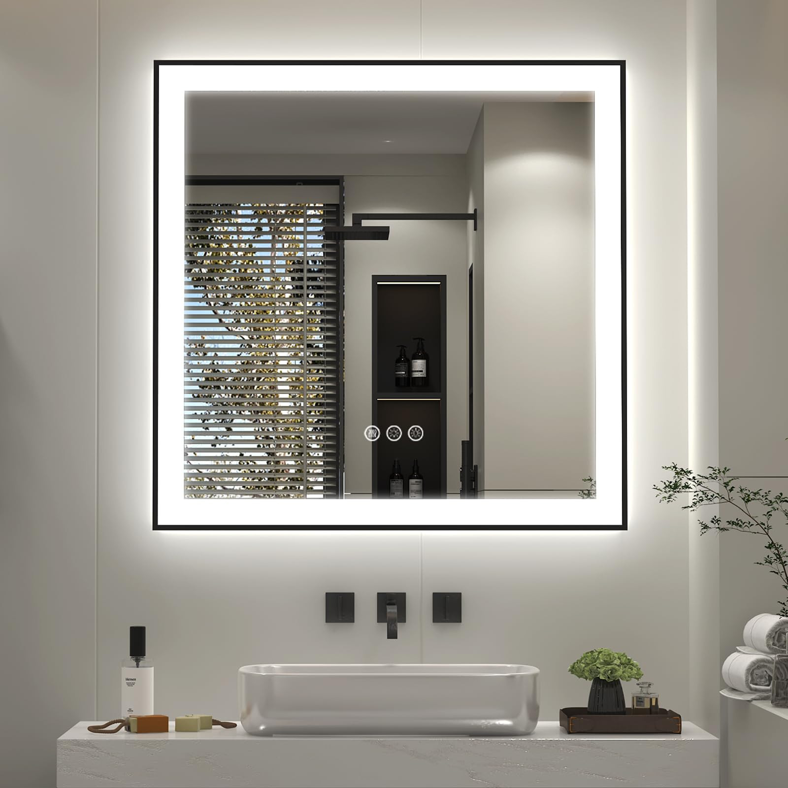30x30 LED Bathroom Mirror with Matte Black Frame – Dimmable Lighted Vanity Mirror