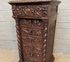 ARRIVES MAR 2026: Superior French Antique Black Forest Chest Nightstand Pedestal