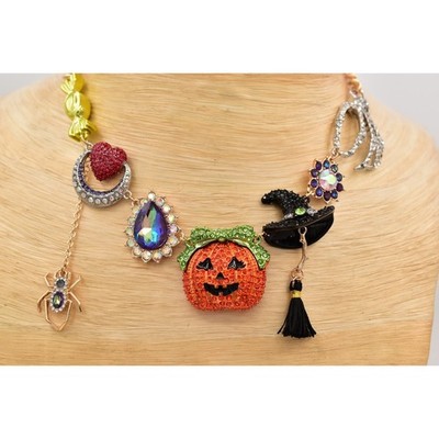 Betsey Johnson Halloween Necklace Collar Pumpkin Witch Spider Skeleton NWT BinBM