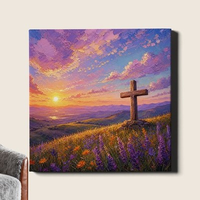 Cross at sunset mountain landscape Canvas Art golden sky christian scenery