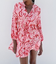Zara Pink & White Floral Printed Mini Dress with Plaited Tie Belt Size Small.NWT