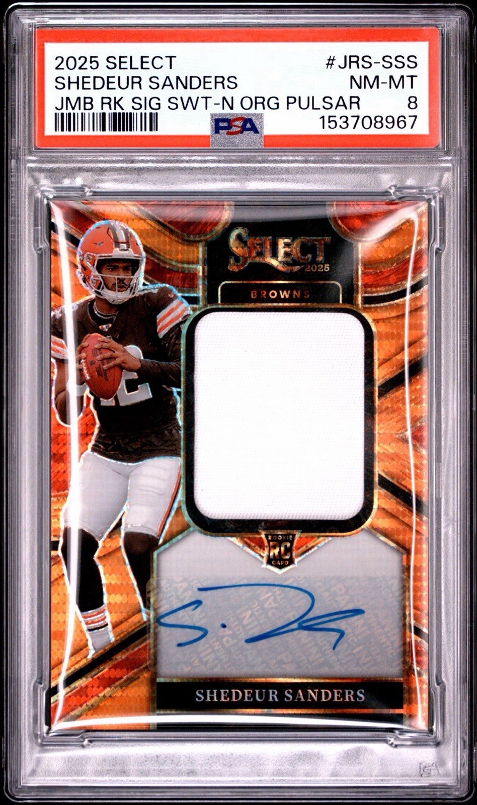 2025 Panini Select Shedeur Sanders Orange Pulsar FOTL Jumbo Rookie RPA /45 PSA 8