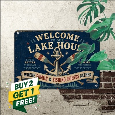 Lakeside Welcome Our Charming Lake House Metal Tin Sign Fishing Cabin Art 8x12