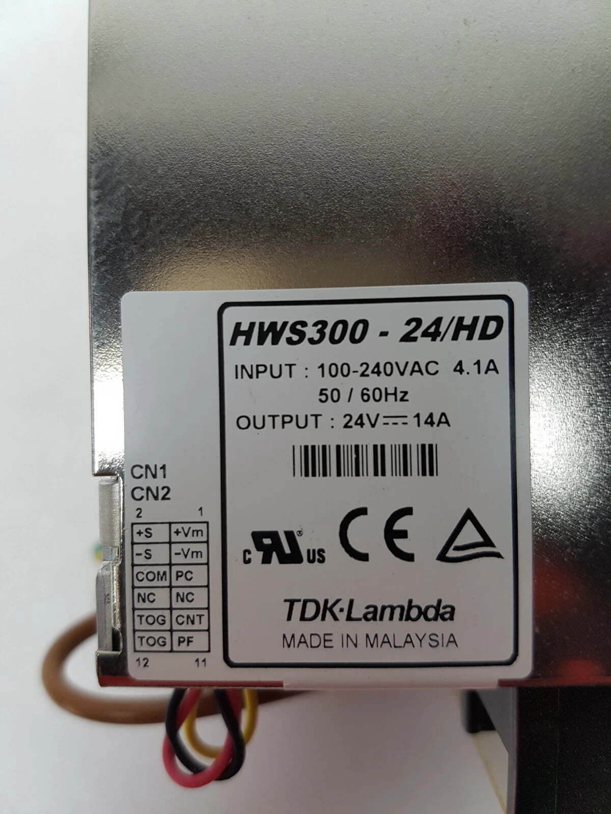 HWS300-24/HD nameplate: input 100-240 VAC 4.1 A 50/60 Hz, output 24 V 14 A, made in Malaysia
