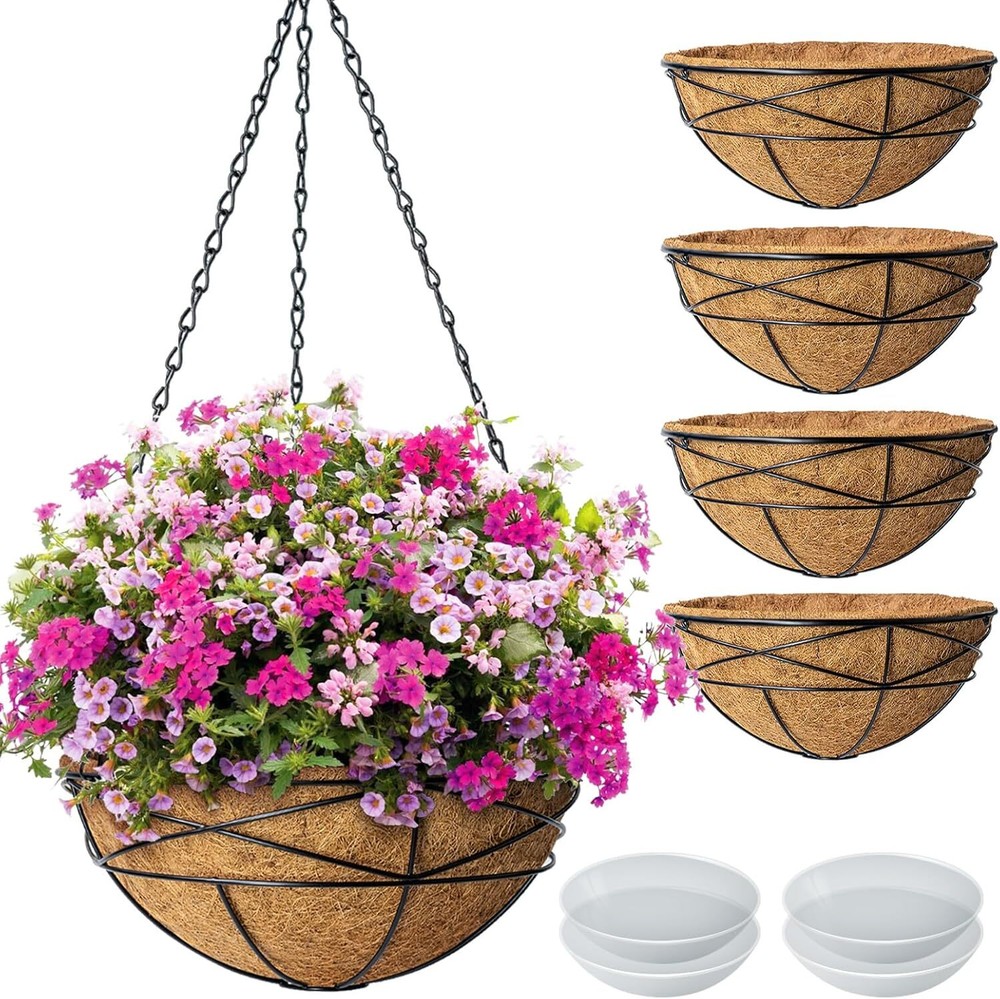4 Pack Large Metal Wire Hanging Flower Baskets for Outdoor Plants