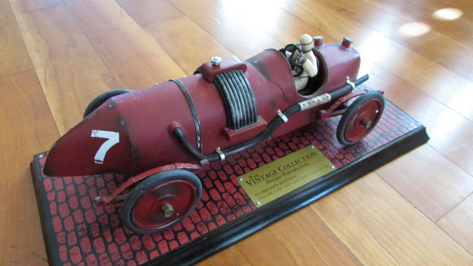  1910 Indy type tin race car 11" long wood base Enesco collection Lou Chevrolet - Image 3 of 4