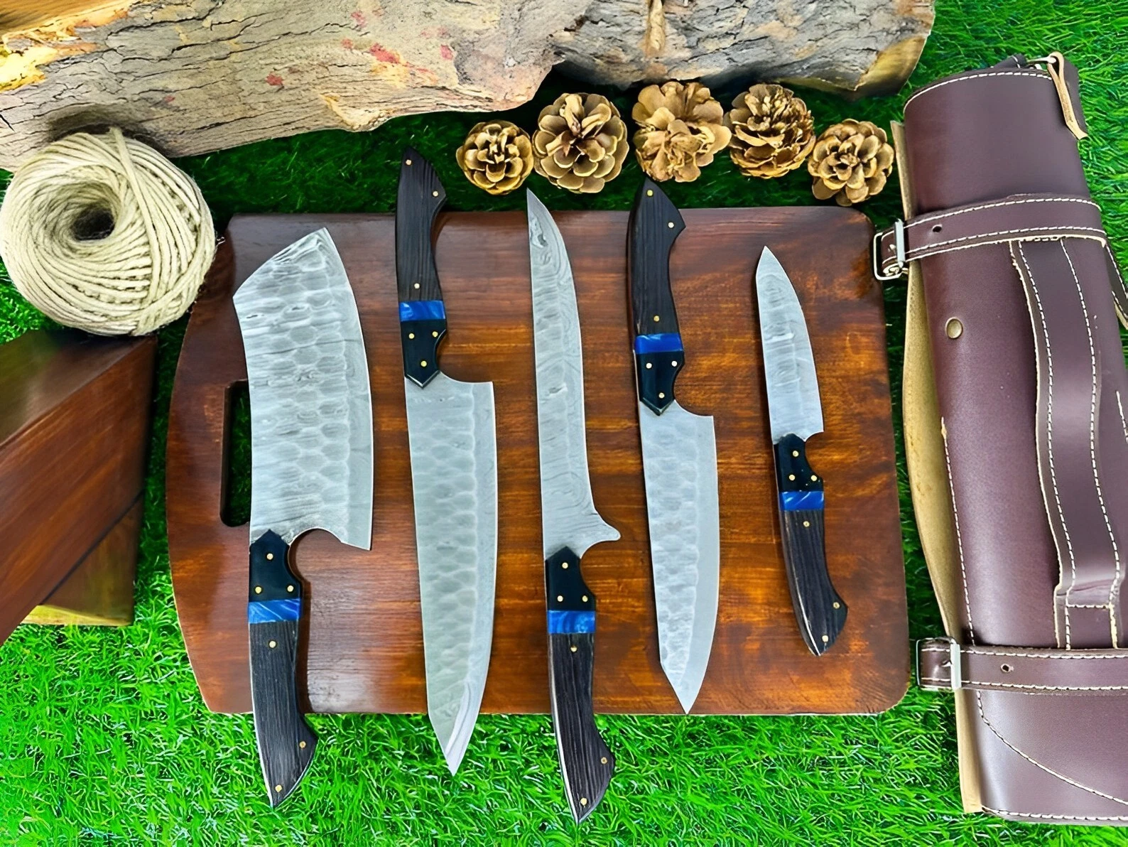 Damascus Chef Set Of 5 Pcs & Leather Roll, Japanese Kitchen Knives Set