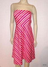 Ann Taylor Women Classic Fit & Flare Strapless Cotton White Blue Striped Dress 6