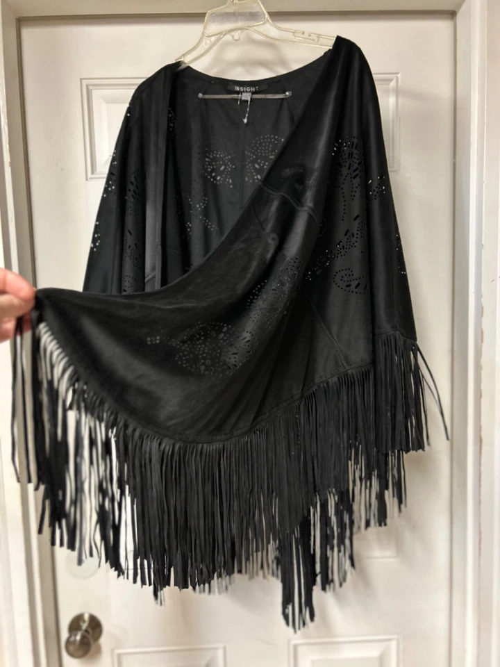 Poncho Insight Negro Boho Flecos Imitación Gamuza Capa Talla OS NUEVO SIN ETIQUETAS Foto 3 de 4
