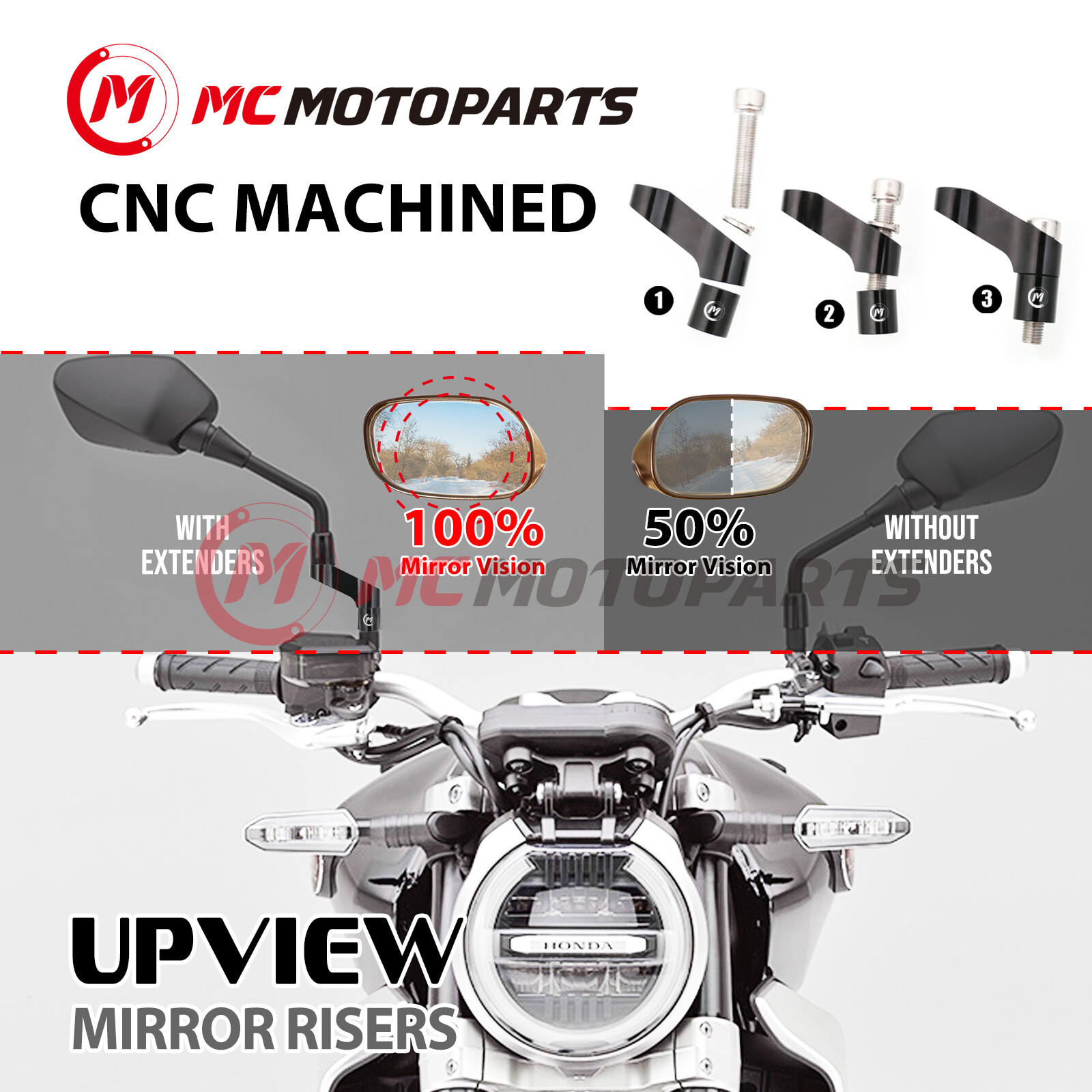 CNC UPVIEW Mirror Riser Adapter Extenders M10 For CRF1000L Africa Twin