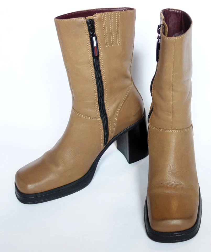 Botas femininas plataforma biqueira quadrada couro marrom vintage anos 90 Y2K Tommy Hilfiger 8,5 - Imagem 4 de 4