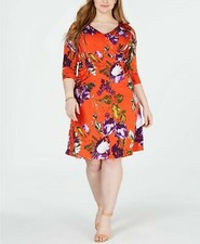 New NY Collection Women's Plus Size 1XP Orange Floral Print Surplice Neck Dress 