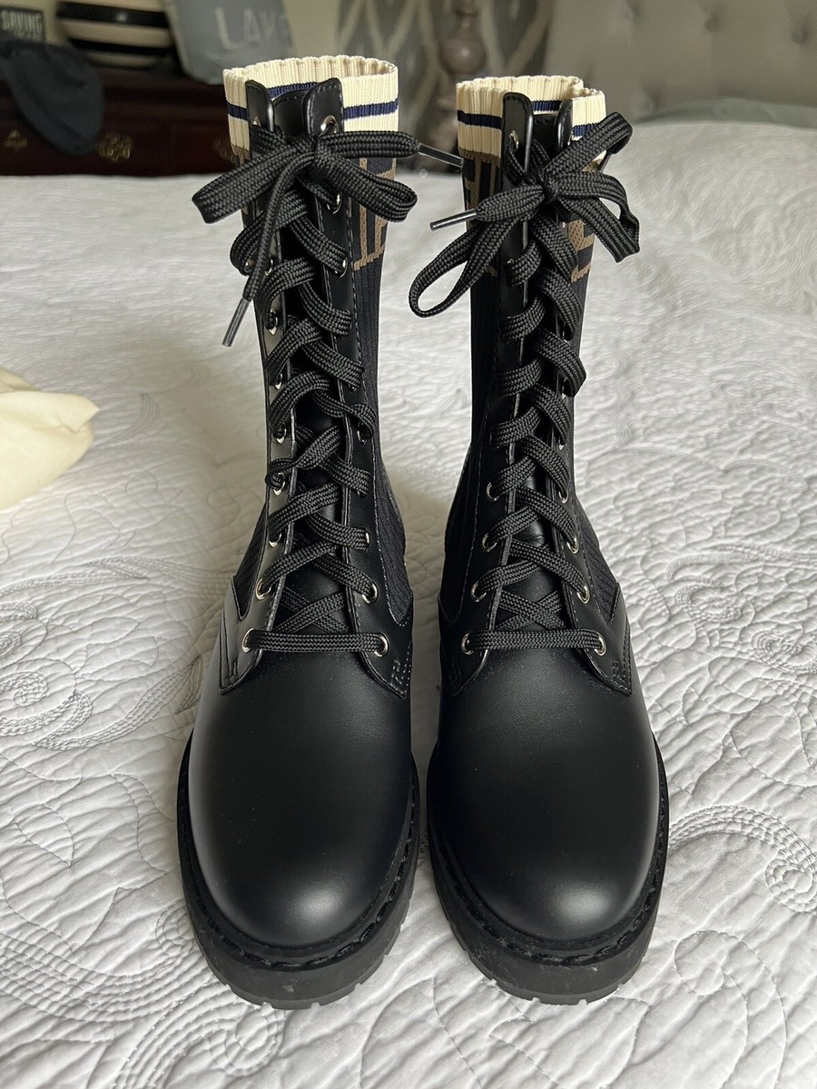 Fendi Rockoko Combat Black Leather Biker Boots Italy US Size