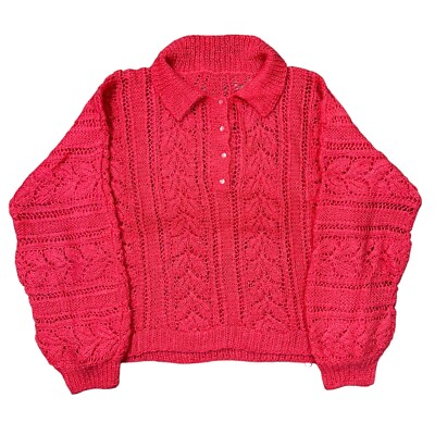 Vintage Hand Knit Cardigan Crochet Abstract Sweater Pink