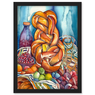 Jewish Challah Bread And Fruit Modern Folk Art Framed Wall Art Picture Print A3