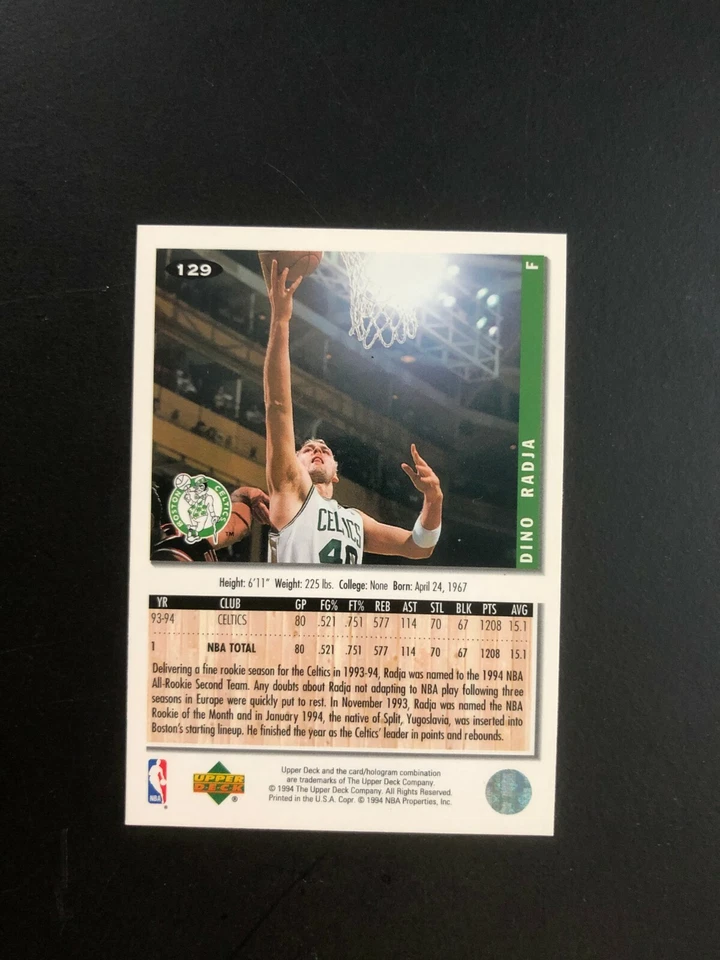 ROOKIE 1994 DINO RADJA Upper Deck Boston Celtics Basketball Card # 129 - Image 4 of 4