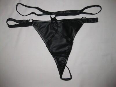 Shein strappy ring decor faux leather g-string panties S black nip cyberpunk
