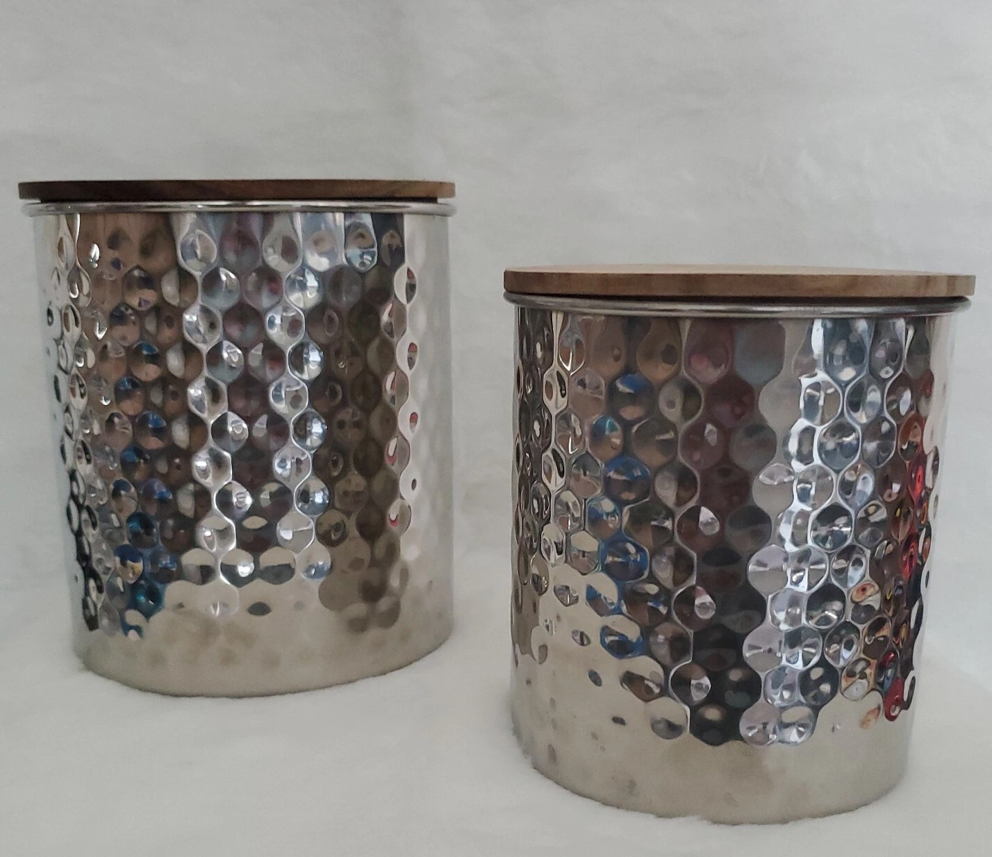 2pc Uncommon James Silver Hammered Canister Set w/Wood Lids 45oz and 25oz
Opens in a new window or t