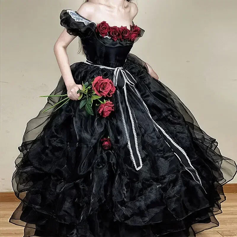 Black Flowers Wedding Lolita Dress Princess Lolita Red Rose Gothic Flower