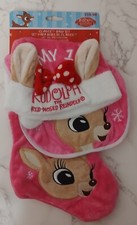 Babys First Christmas Pink Rudolph Clarice Reindeer Bib Hat Stocking Set Soft B6