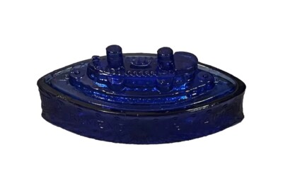 Vintage VTG Cobalt Blue Glass Ship Remember The Maine Candy Dish
