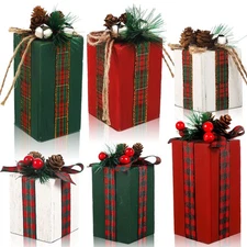 6 Pcs Christmas Wooden Gifts Box Decor Christmas Table Centerpieces with Buff...