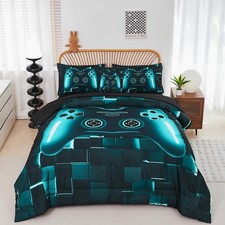 Gamer Bedding Set Twin Size 6-Piece Teal Blue Game Console Bed in A Bag for B...