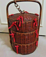 Vintage Stackable 3 -Tier Wicker/Bamboo Chinese Wedding Basket w/Handle