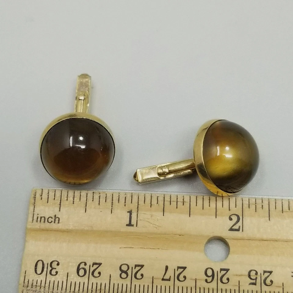 Vintage Swank Brown Moonglow Lucite Cufflinks Round Dome Gold Tone - Image 3 of 4
