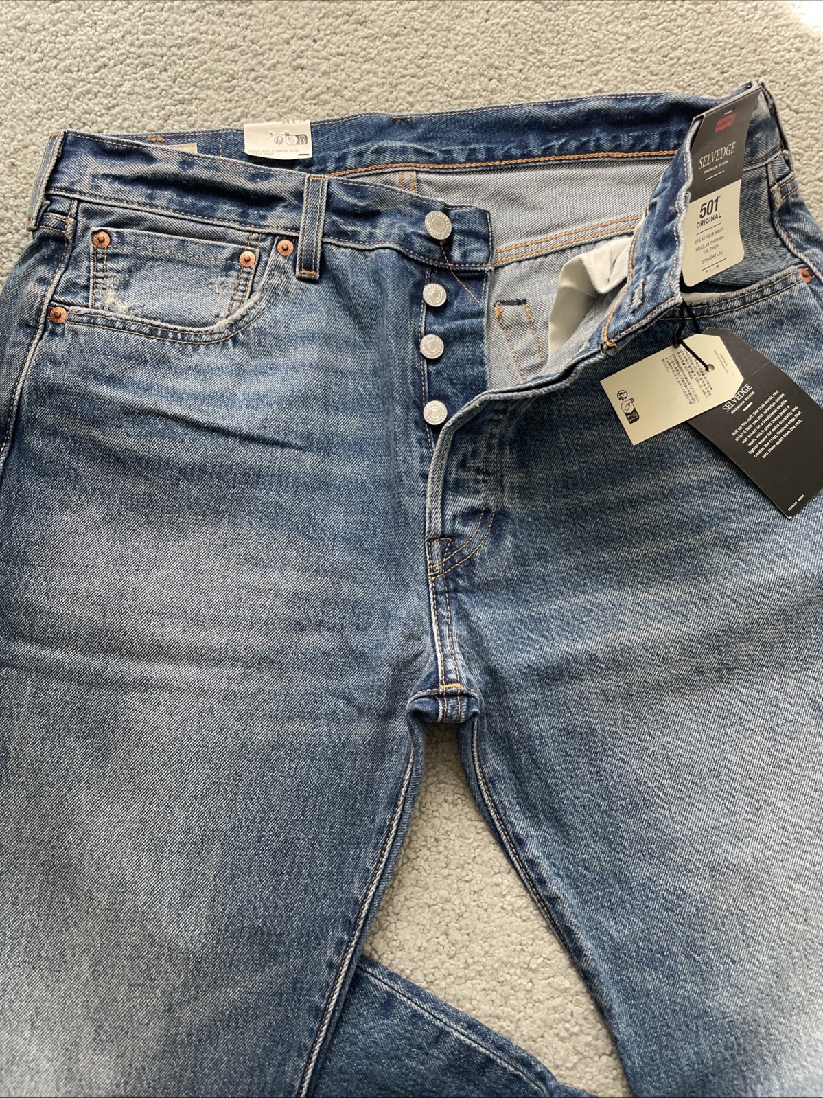 Levi's Premium 501 Original Selvedge Blue Distress Jeans Men's Size 34 X 34 Fly thumbnail 6