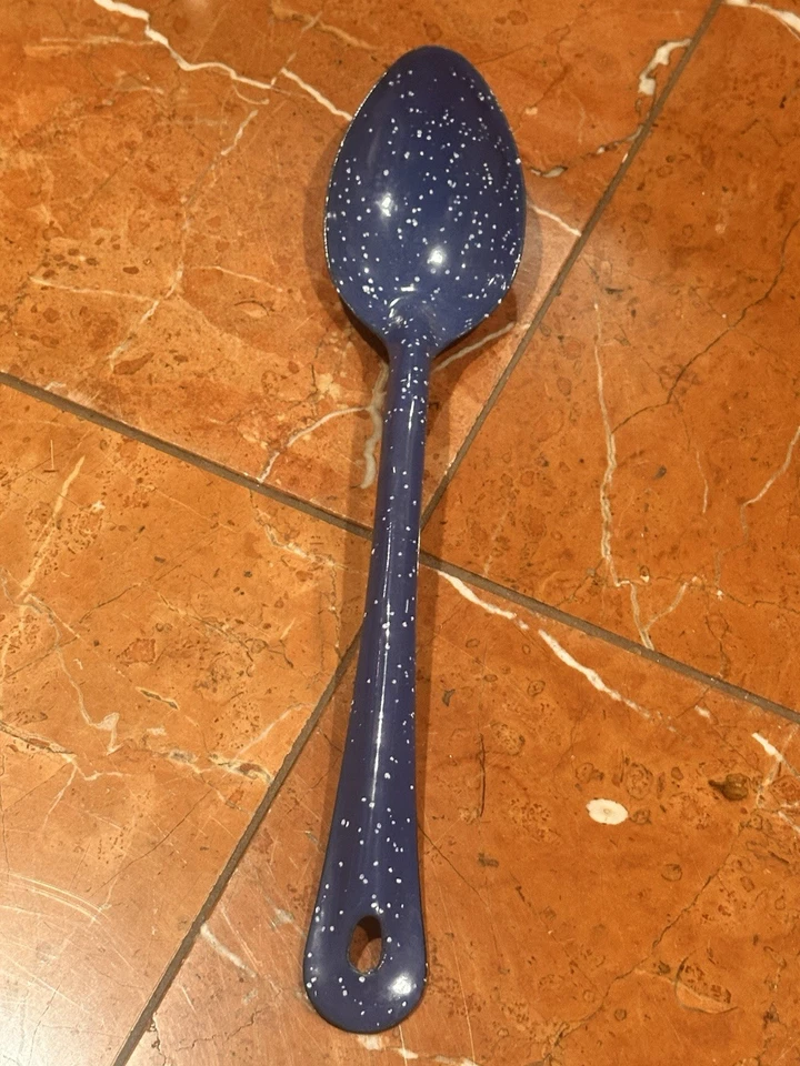 BLUE & WHITE SPECKLED GRANITE ENAMELWARE 11.5" L SERVING SPOON FARMHOUSE EUC - Image 4 of 4