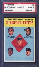 1963 Topps #9 NL Strikeout Leaders Koufax/Drysdale/Gibson PSA 9 Baseball Card