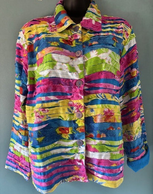Keren Hart M Button Jacket Floral Bright Pattern Bold Artsy Pink Blue Textured