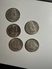 Lot of 5 Franklin Half Dollars --  1960, 1961, 1962 -- 90% Silver