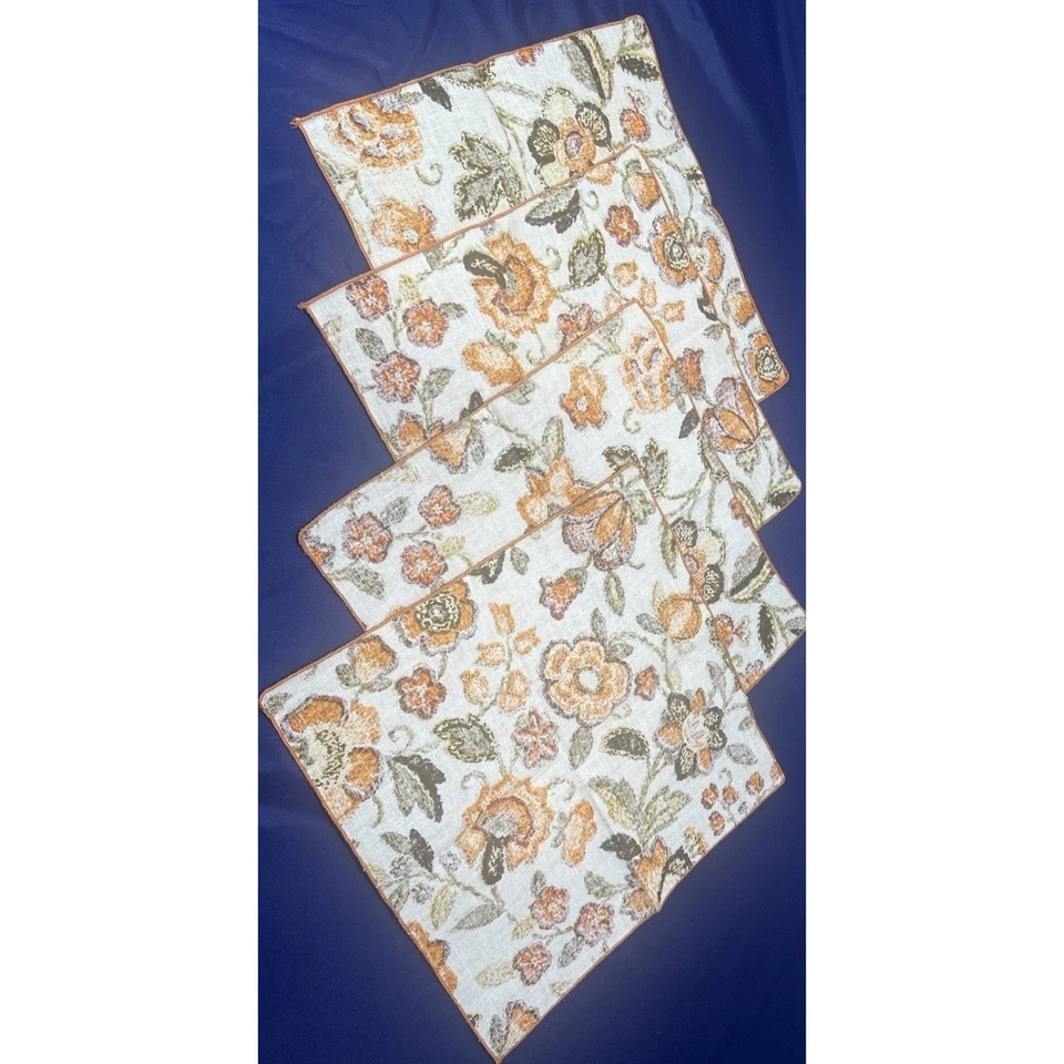 Vintage 60s Fabric Cloth Napkins Set 4 PC Folk Floral Brown Orange Table Decor - Image 2 of 4