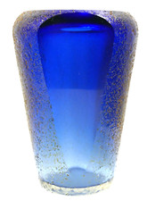 Murano Alessandro Mandruzzato Sommerso Glass Blue/Gold Fleck Cut Window Vase 9"