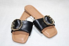 A New Day Faux Leather Sandals Gold Buckle Size 7 Slide Shoes - Black