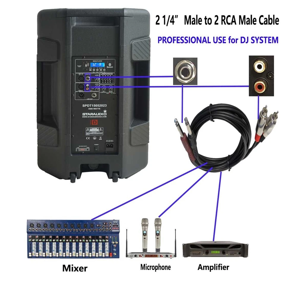 1/4in 6.3mm Mono Male Y-Splitter Cable to 6ft 2 RCA Male Jack Cable Audio Cable - Image 3 of 4