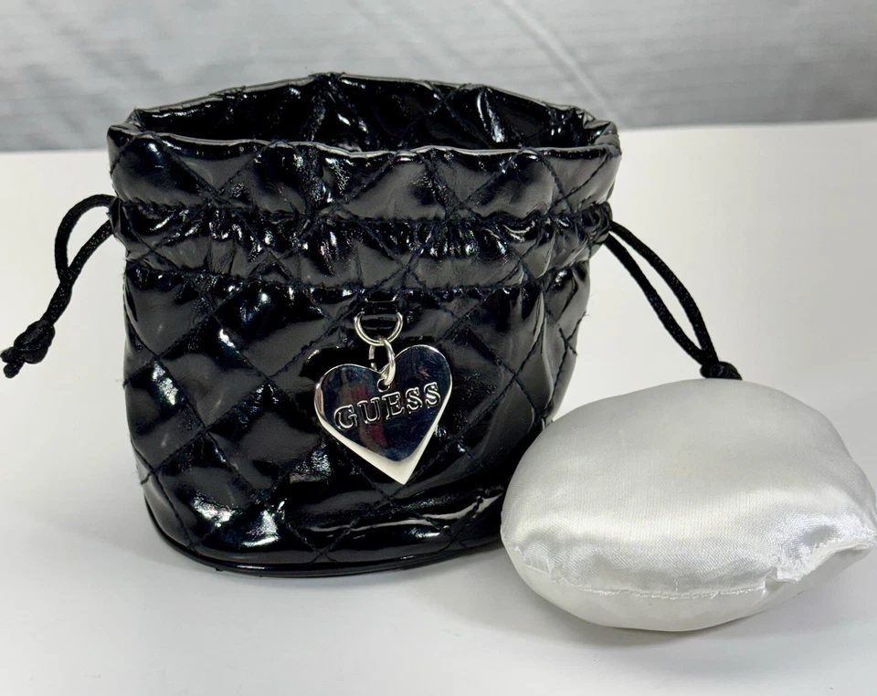 GUESS Black Quilted Patent Leather Mini Drawstring Small Storage Bag SilverHeart - Image 4 of 4