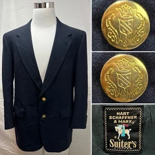 Hart Schaffner Marx Mens 40R Navy Gold 2-Button Blazer Jacket Vintage Sport Coat