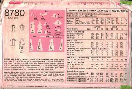 8780 Vintage Simplicity Sewing Pattern Juniors Misses 2 Piece Dress 2 lengths - Picture 2 of 2