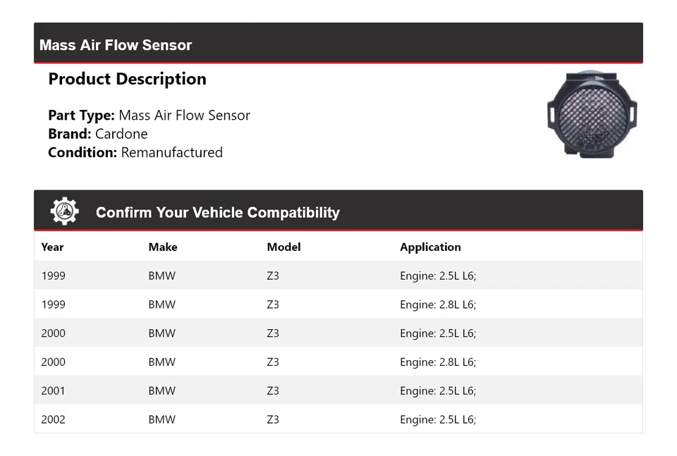 Sensor de flujo de masa de aire Cardone 2000 2001 para BMW Z3 1999-2002 Foto 2 de 4