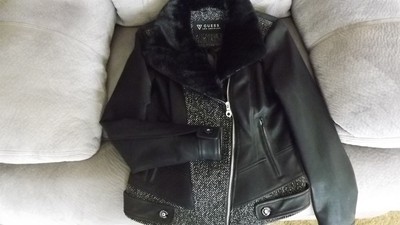 guess leather jacket with faux fur collar