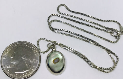 4.6g 925 STERLING SILVER BOX CHAIN FINE JEWELRY NECKLACE ABALONE SHELL 18” - Afbeelding 1 van 5